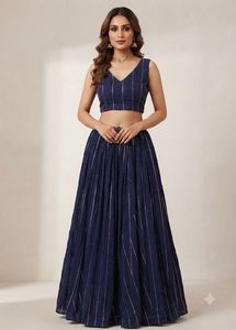 Elegant Navy Blue Lehenga with Padded Blouse