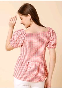 Gingham print pink peplum top