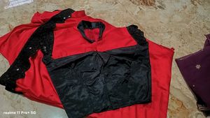 Red Satin Saree with Black Border