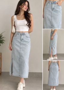 Light Wash Denim Midi Skirt with Slit