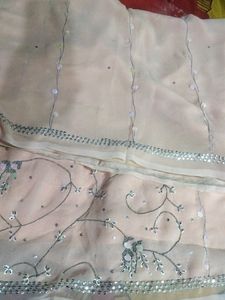 Party Wear, Class Look Peach Colour Saree With Pearl And Sequence Work
