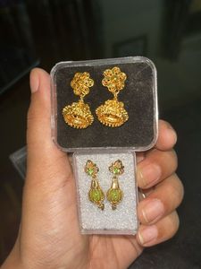 Elegant Gold Jhumka &amp; Green Stone Earrings