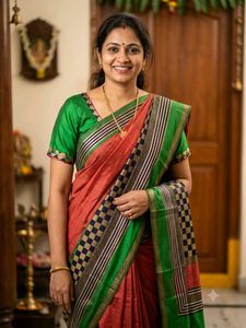 GentlyUsed CottonSilk Saree-RustBlackGreenStripes