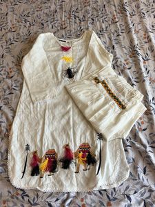 White Kurta Set with Camel Embroidery