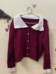 Maroon Knit Cardigan with Heart Buttons