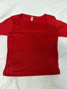 Red Ribbed Square Neck Full-Sleeve Top – Size L