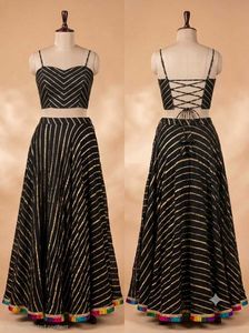 #Navratri Stylish Black & Gold Striped Lehenga Set