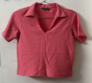 Pink Ribbed Collared V-Neck Top
