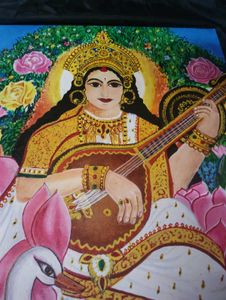 Saraswati Idol Canvas with Veena and Swan