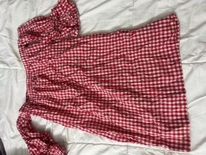 Red Gingham Off-Shoulder Dress with bell sleeves