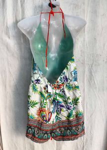 4129. Boho Floral Print Halter Neck Romper