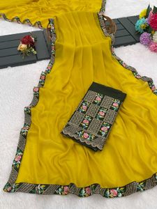 Vibrant Yellow Embroidered Saree