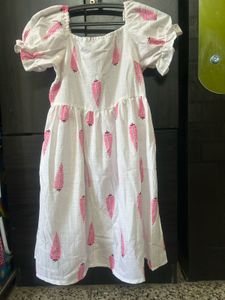 White Cotton Dress with Pink Leaf Print