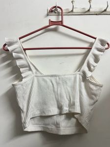 White Ruffled Ribbed Crop Top