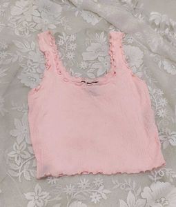 Cute Pink Ribbed Lettuce Trim Tank Top