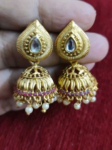 Gold Jhumka Earrings with Pearls