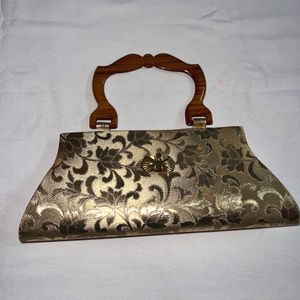 Golden Ethnic Lovely Clutch With Wooden Handle