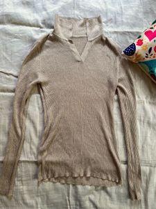 Champagne Gold Party Wear Ribbed Top