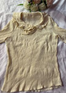 Cream Textured Top with Ruffled Collar