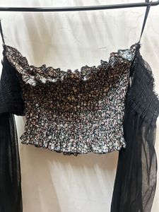 Floral Off-Shoulder Mesh Sleeve Top
