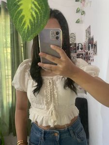 Cream Cropped Puff Sleeve Top