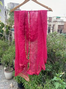 Vibrant Pink Dupatta with Golden Border