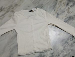 Cream Ribbed Cardigan with Lace Trim