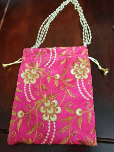 Vibrant Pink Embroidered Drawstring Pouch
