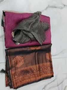 Elegant Magenta Saree with Striped Blouse combo of