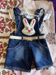 Cute Denim Bunny Overalls Set with Hat &amp; Mittens