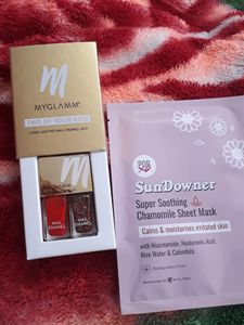 Myglamm Two Of Your Kind Long Lasting Nail Enamel Duo Steel The Show And Popxo Sun Protection Chamomile Sheet mask Combo