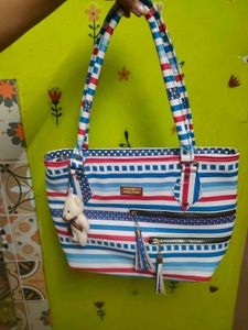 Chic Striped Tote Bag with Teddy Charm