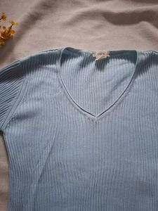 Baby Blue Ribbed V-Neck Top