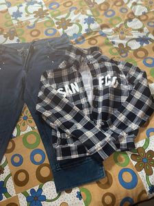 Blue Denim Capris &amp; Plaid Shirt Set combo