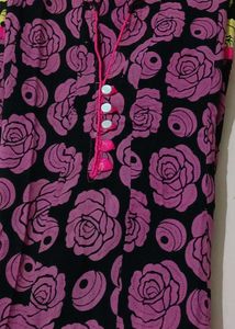 Black Kurta with Pink Rose Print