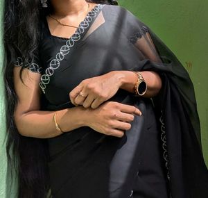 Elegant Black Saree with stitched blouse