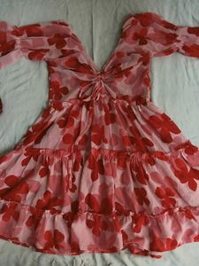 Romantic Floral Ruffle Mini Dress – Pink & Red