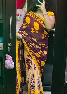 Floral Print Purple &amp; Cream Saree