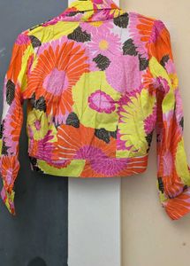 Vibrant Floral Print Cropped Jacket