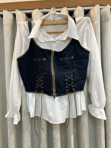 Denim Vest with White Blouse Set