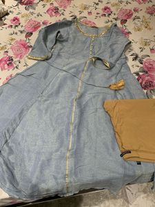 Light Blue Kurta Set with Gold Trim