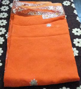 Orange Sari with Floral Embroidery