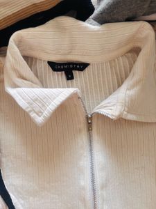 Ribbed Zip Polo Top with Stripe Detail