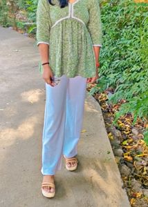 God Bless XS Cotton blend Green Printed Tunic