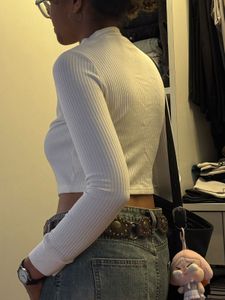 White Ribbed Mock Neck Long Sleeve Top