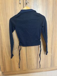 Navy Ruched Collared Long Sleeve Top