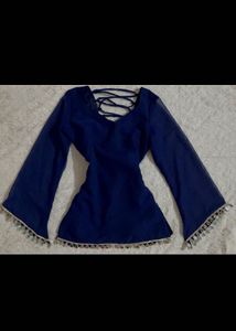 Elegant Navy Blue Blouse with Tie-Up Back
