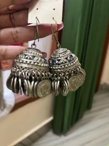 Oxidized Silver Jhumka Earrings with Coins