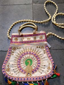 Embroidered Peacock Clutch with Beaded Strap