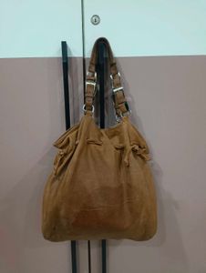 Brown Suede Hobo Bag with Flower Detail